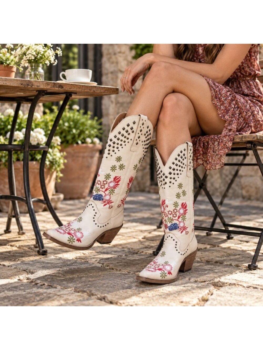 Dingo Boots Womens Sz 7 M White Leather Western Floral Embroidered DI 732